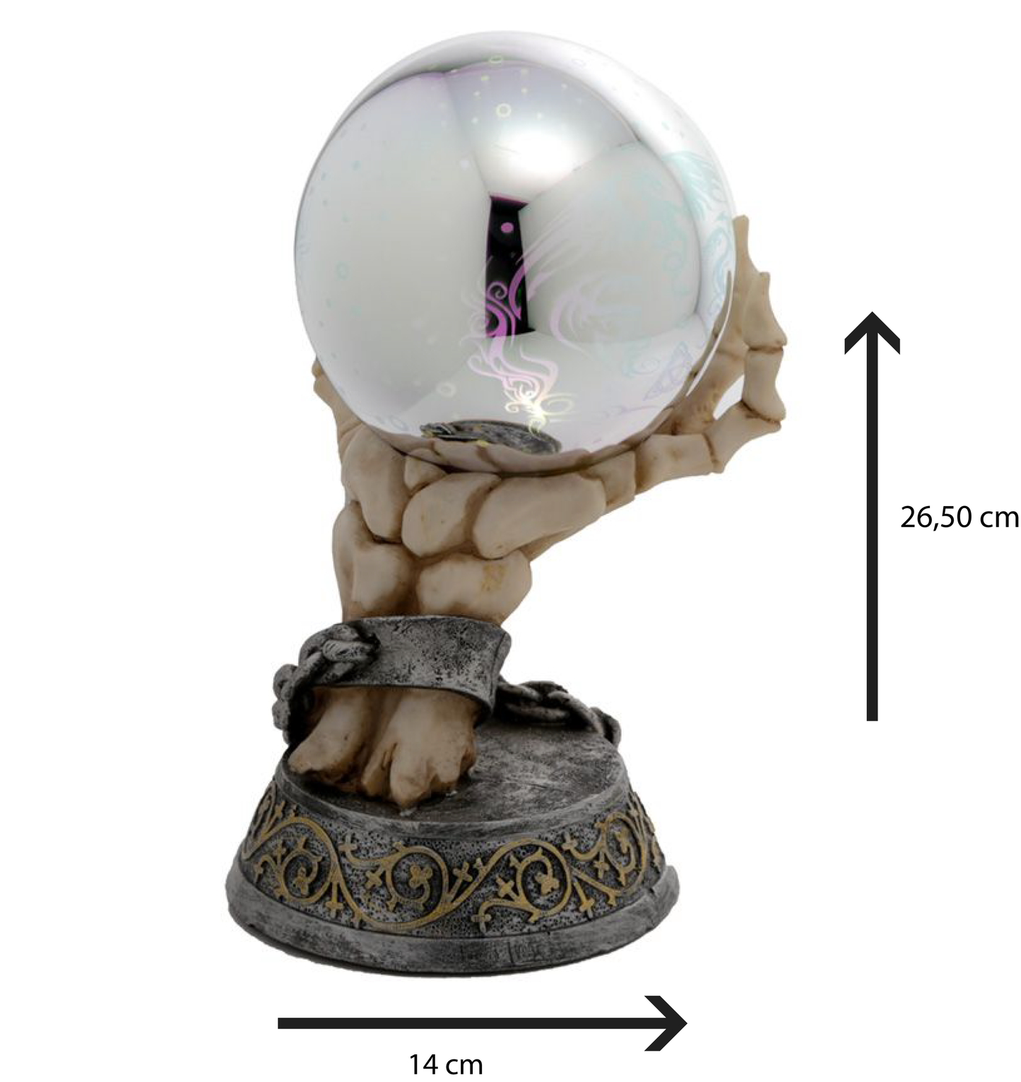 MANO DI SCHELETRO CHE TIENE UNA SFERA A LED
